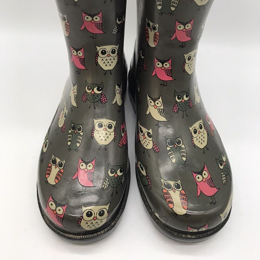 Capelli New York Shiny Pop Owl Printed Rain Boots Kid's 2 Gray Black Rain Gear - Picture 5 of 10